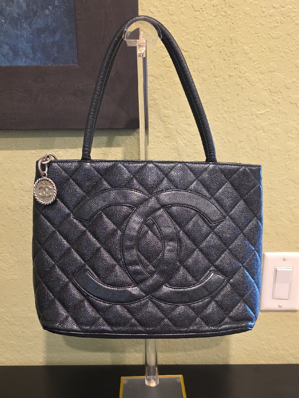 CHANEL Black Quilted Caviar Leather Tote with CC Silver Medallion